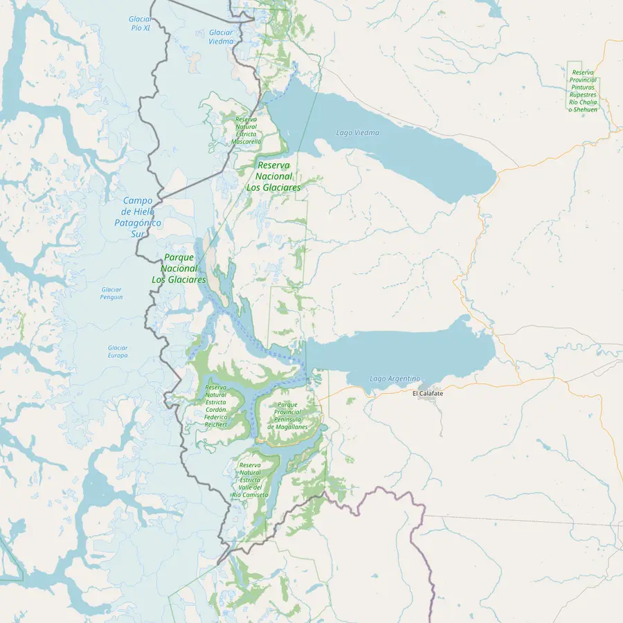 Map of Lago Argentino from El Calafate to Puerto Punta Bandera, the Spegazzini and Upsala glaciers and Estancia Cristina