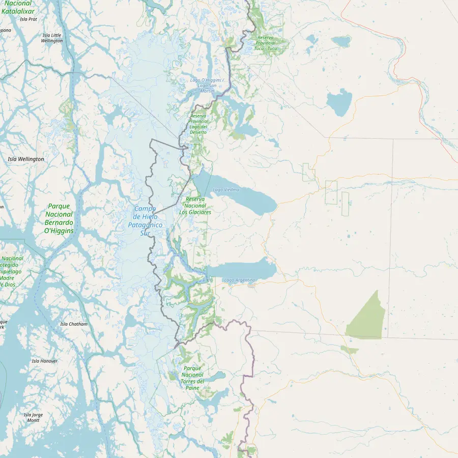 Map of the region with El Calafate, the airport, Puerto Punta Bandera, the Perito Moreno Glacier and El Chaltén